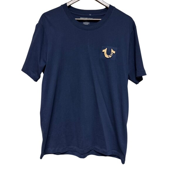True Religion Men's Shirt T-Shirt 3D Embossed Logo Spell Out Blue Large Cotton - Picture 1 of 6